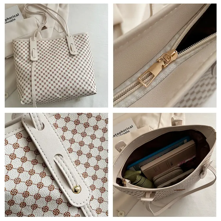 Women's Checkered Pattern Large Tote Bag Brown Leather — feature 9