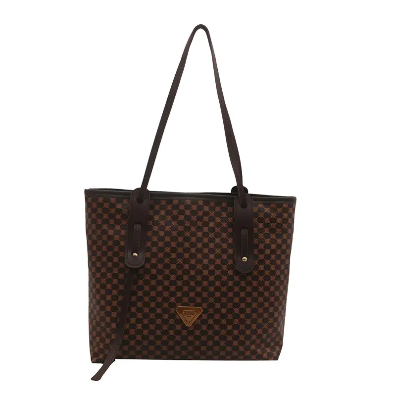 Women's Checkered Pattern Large Tote Bag Brown Leather - Image 3