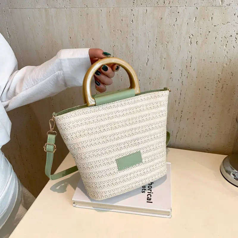 Women's New Woven Shoulder Bag Green Gold Handle