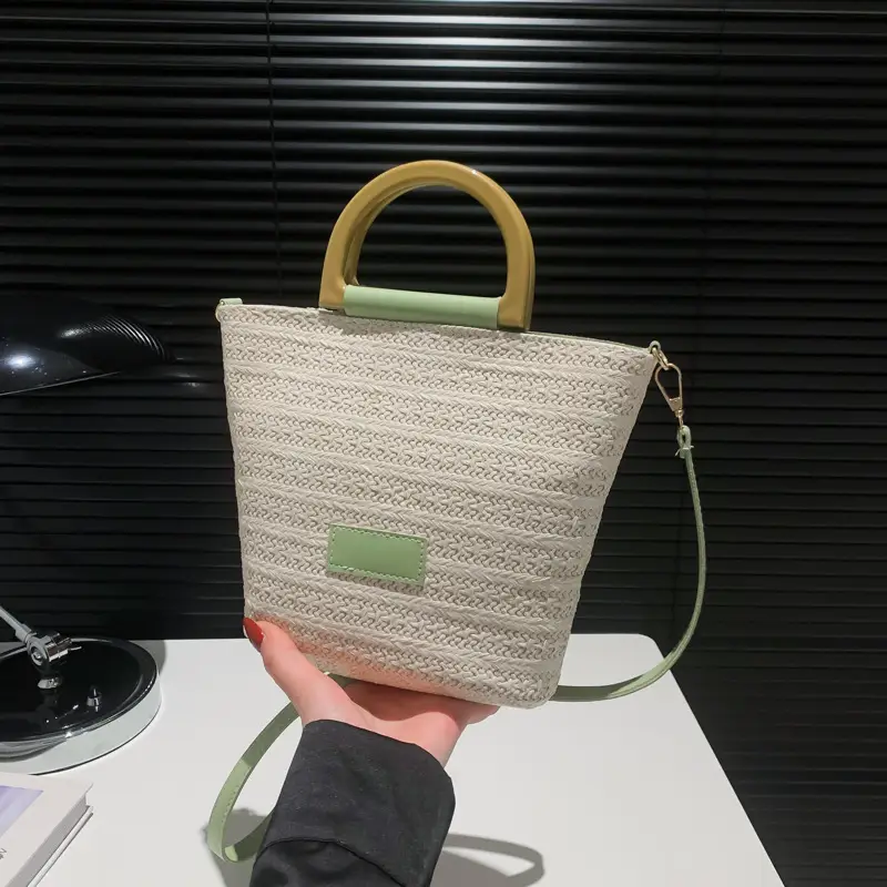 Women's New Woven Shoulder Bag Green Gold Handle