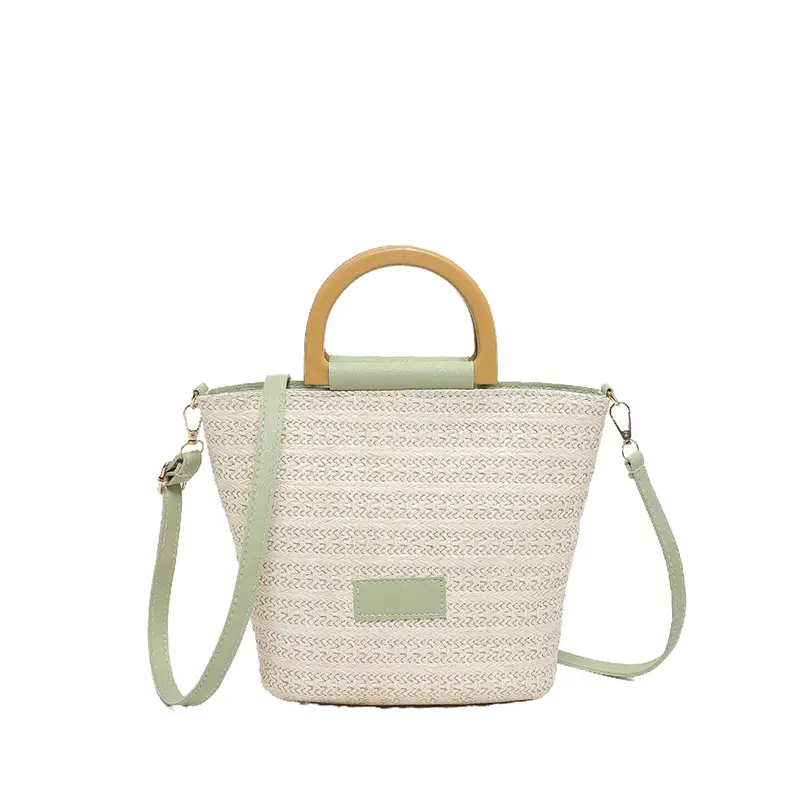 Women's New Woven Shoulder Bag Green Gold Handle