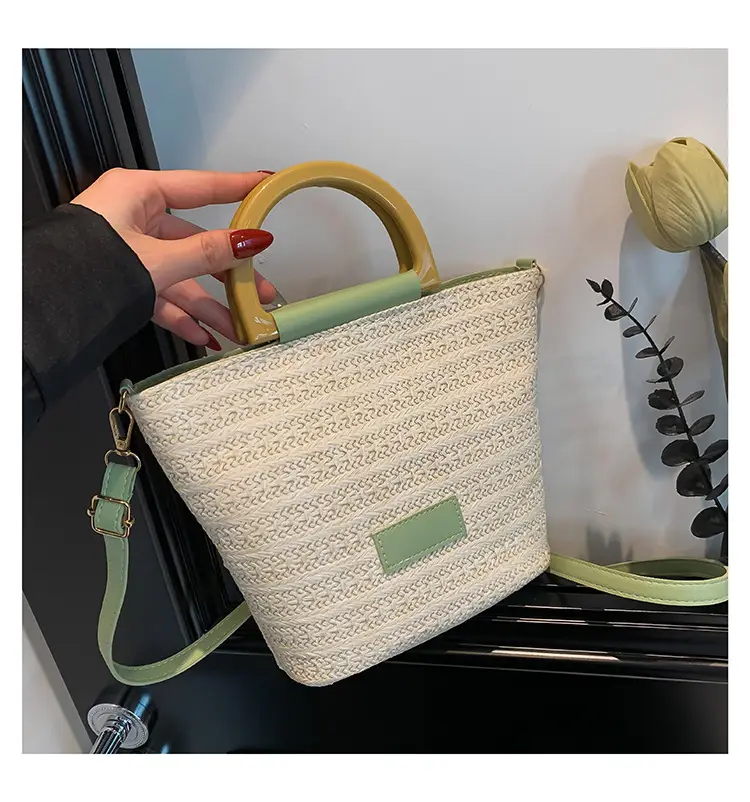 Women's New Woven Shoulder Bag Green Gold Handle — feature 24