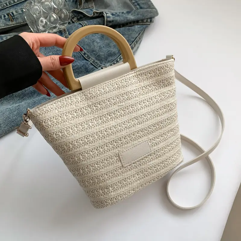 Women's New Woven Shoulder Bag Green Gold Handle