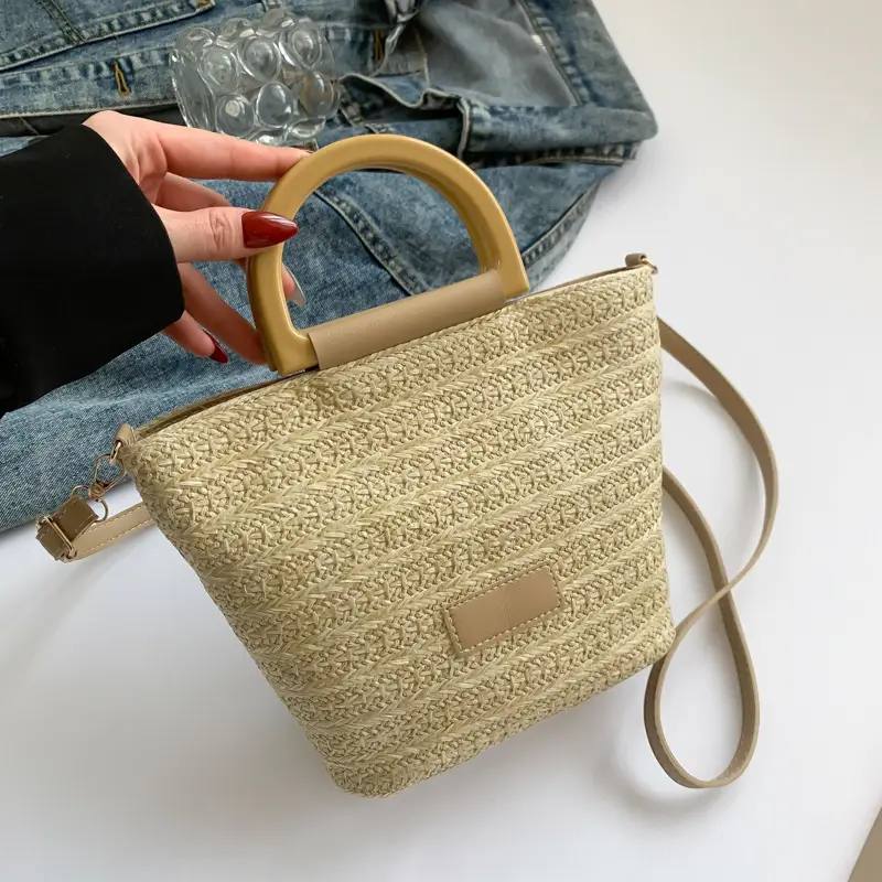 Women's New Woven Shoulder Bag Green Gold Handle