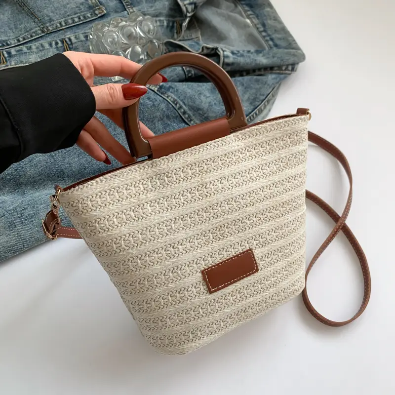 Women's New Woven Shoulder Bag Green Gold Handle