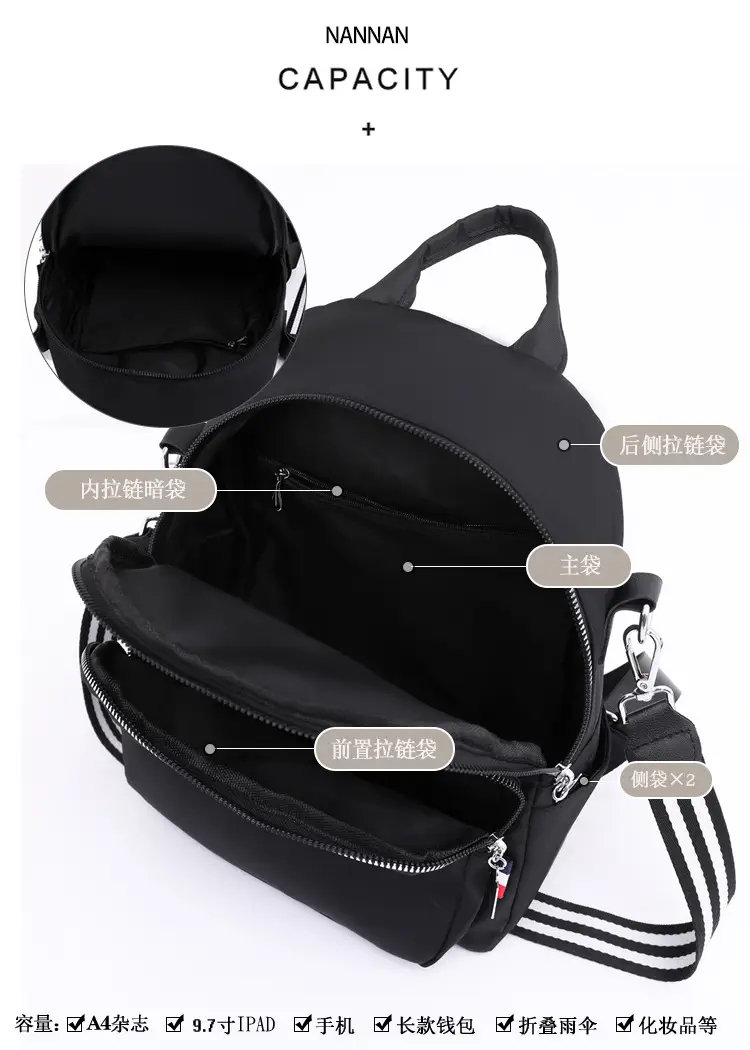 New Women's Black Nylon Travel Backpack Single Shoulder — feature 14