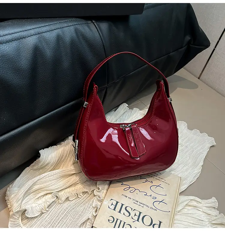 2026 Women Patent Leather Shoulder Bag Maroon - Image 2