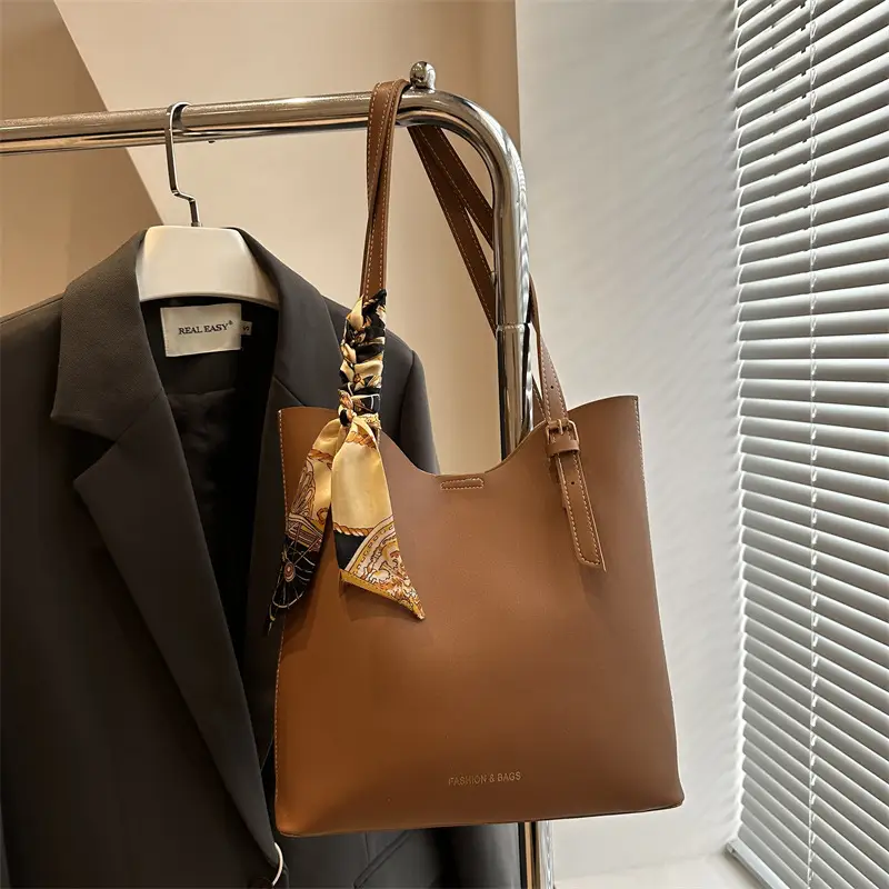 Brown Leather Shoulder Bag for Women with Silk Bow - Image 7
