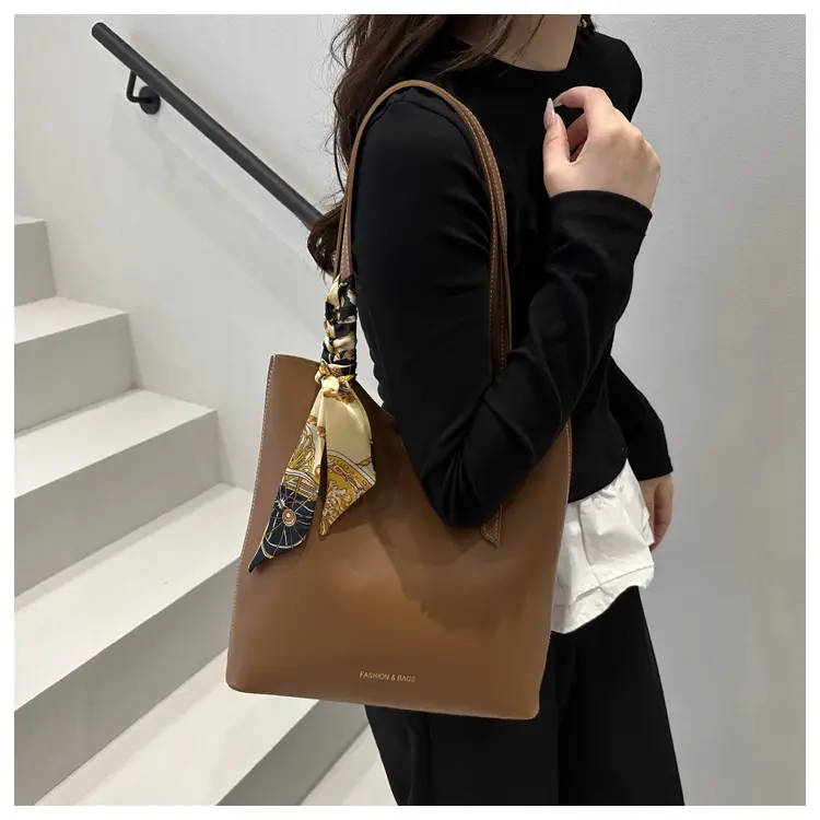 Brown Leather Shoulder Bag for Women with Silk Bow — feature 16