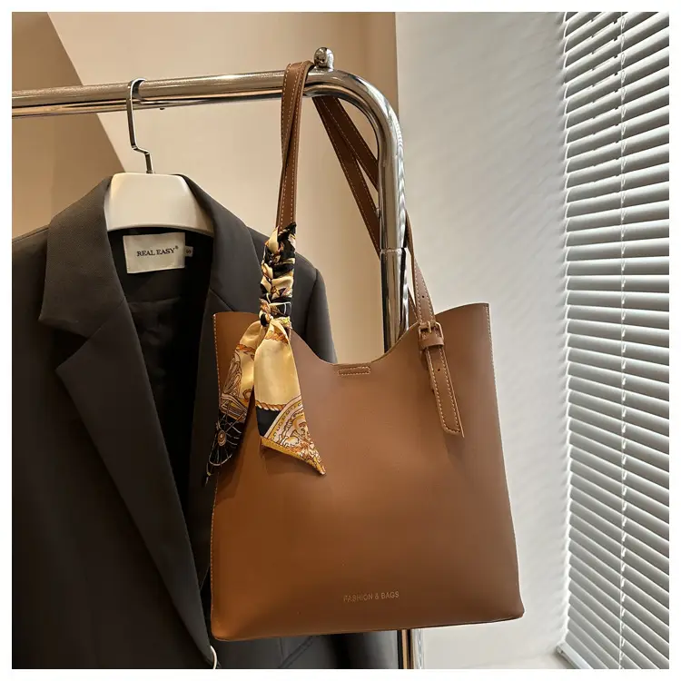Brown Leather Shoulder Bag for Women with Silk Bow — feature 23