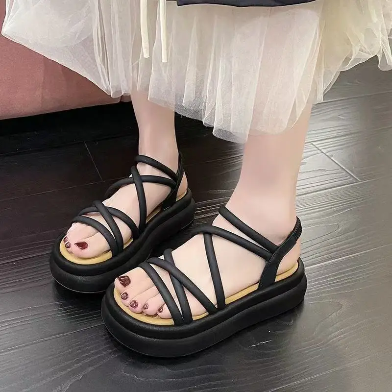 Women's Black Cross Strap Platform Sandals Summer - Image 4