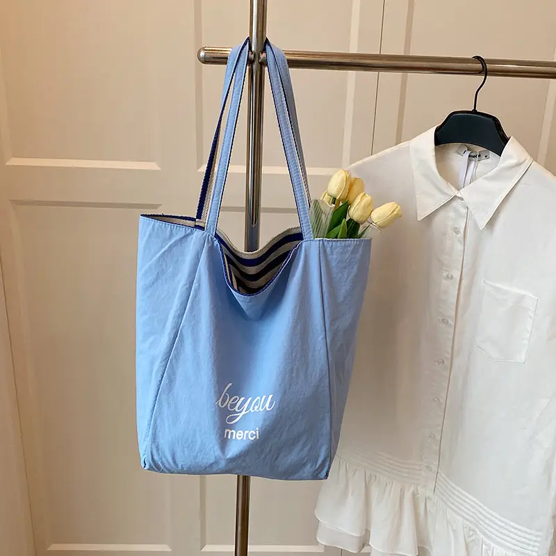 Blue Striped Knitted Tote Bag for Women - Image 8