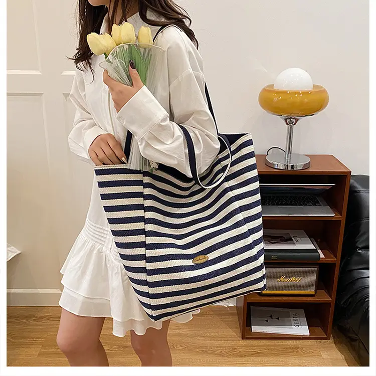 Blue Striped Knitted Tote Bag for Women — feature 12