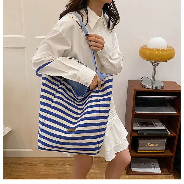 Blue Striped Knitted Tote Bag for Women — feature 15