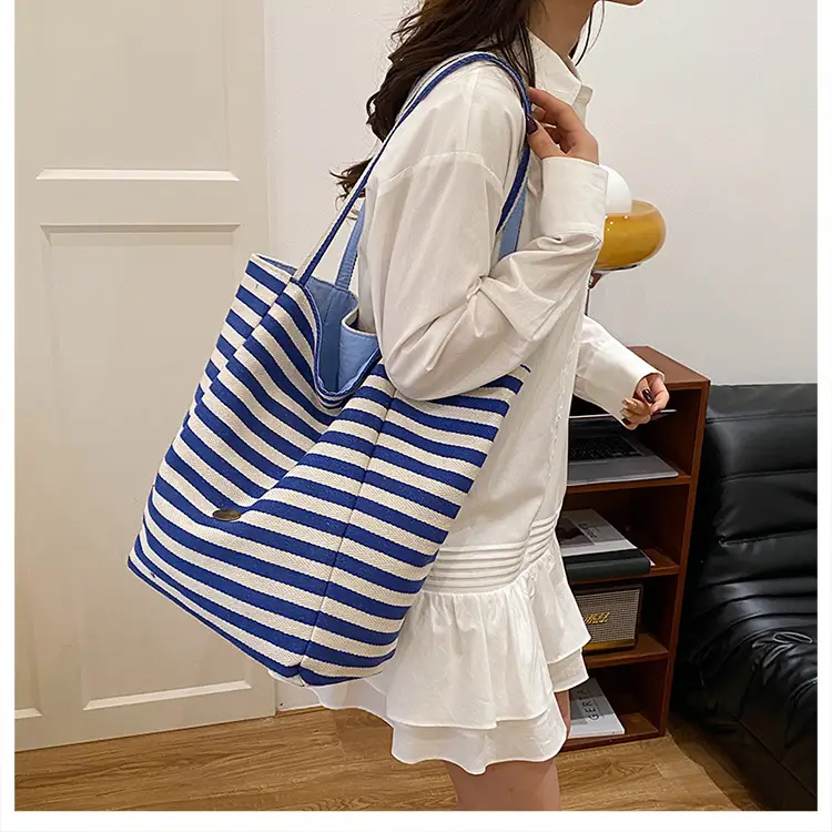 Blue Striped Knitted Tote Bag for Women — feature 16