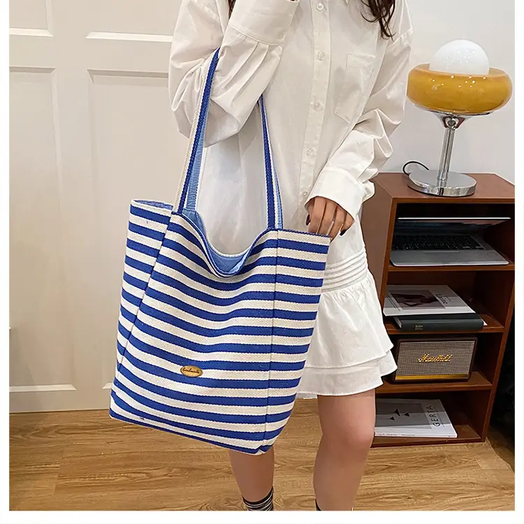 Blue Striped Knitted Tote Bag for Women — feature 17