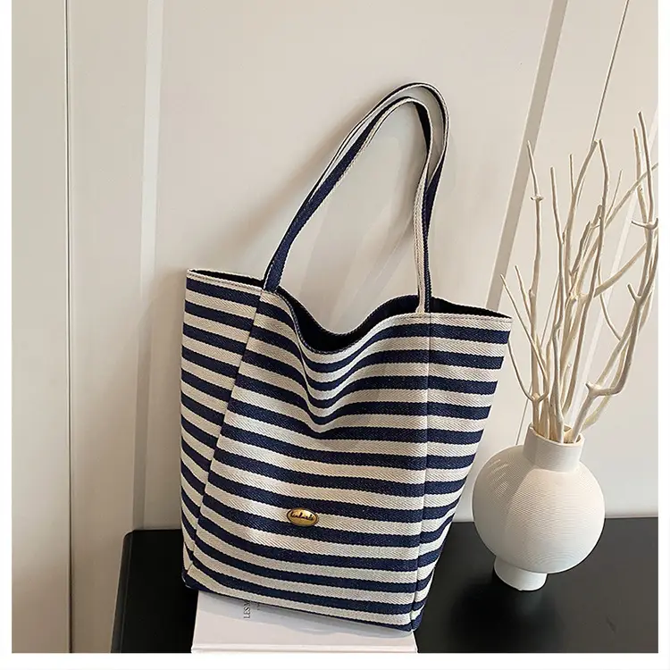 Blue Striped Knitted Tote Bag for Women — feature 23