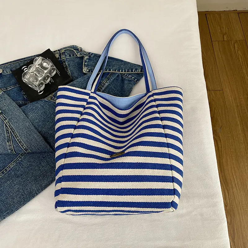 Blue Striped Knitted Tote Bag for Women - Image 2