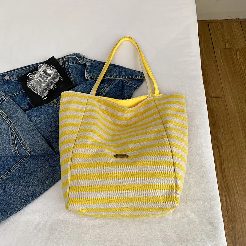 Blue Striped Knitted Tote Bag for Women - Image 3