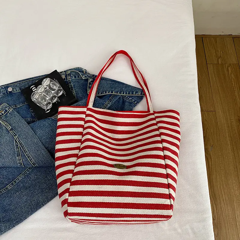 Blue Striped Knitted Tote Bag for Women - Image 4