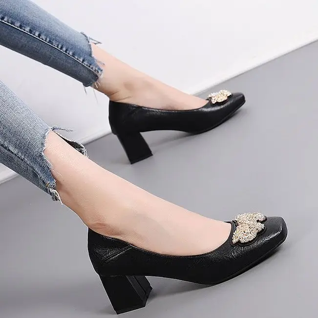 French Square-Toe Single Shoes for Women 2026 Spring and Autumn New High-Heeled Shoes for Women with Thick Heels and Shallow Leather Shoes That Are Not Tiring When Standing for Long Periods of Time, Work Shoes - Image 4