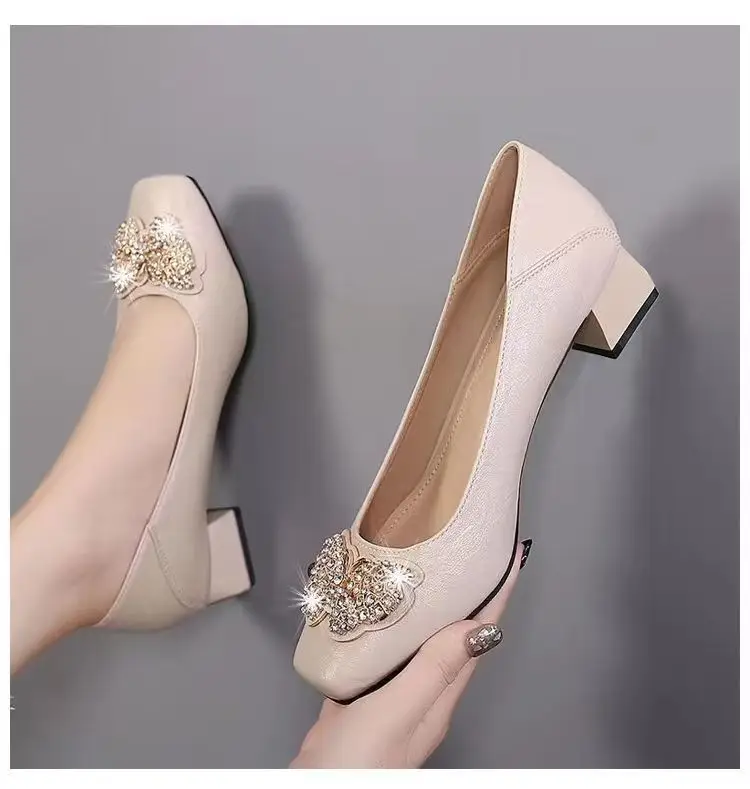 French Square-Toe Single Shoes for Women 2026 Spring and Autumn New High-Heeled Shoes for Women with Thick Heels and Shallow Leather Shoes That Are Not Tiring When Standing for Long Periods of Time, Work Shoes - Image 2
