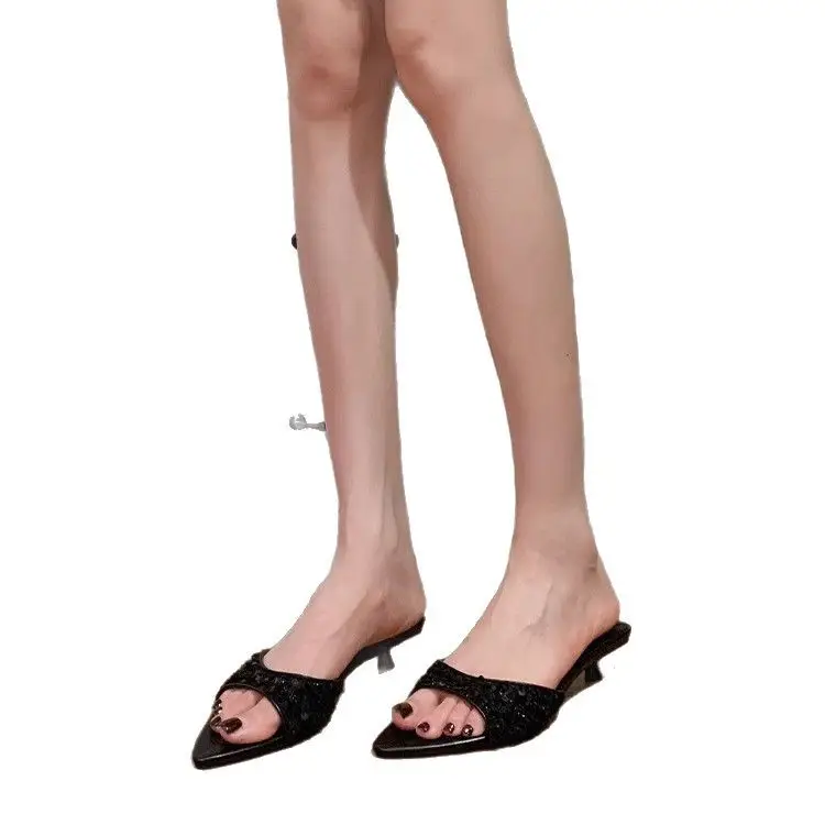 New Kitten Heel High Heels, Sequined Sandals and Slippers with Skirts, French Style Slippers for Women to Wear Outside in Summer - Image 8