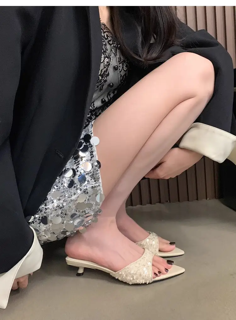 New Kitten Heel High Heels, Sequined Sandals and Slippers with Skirts, French Style Slippers for Women to Wear Outside in Summer — feature 2
