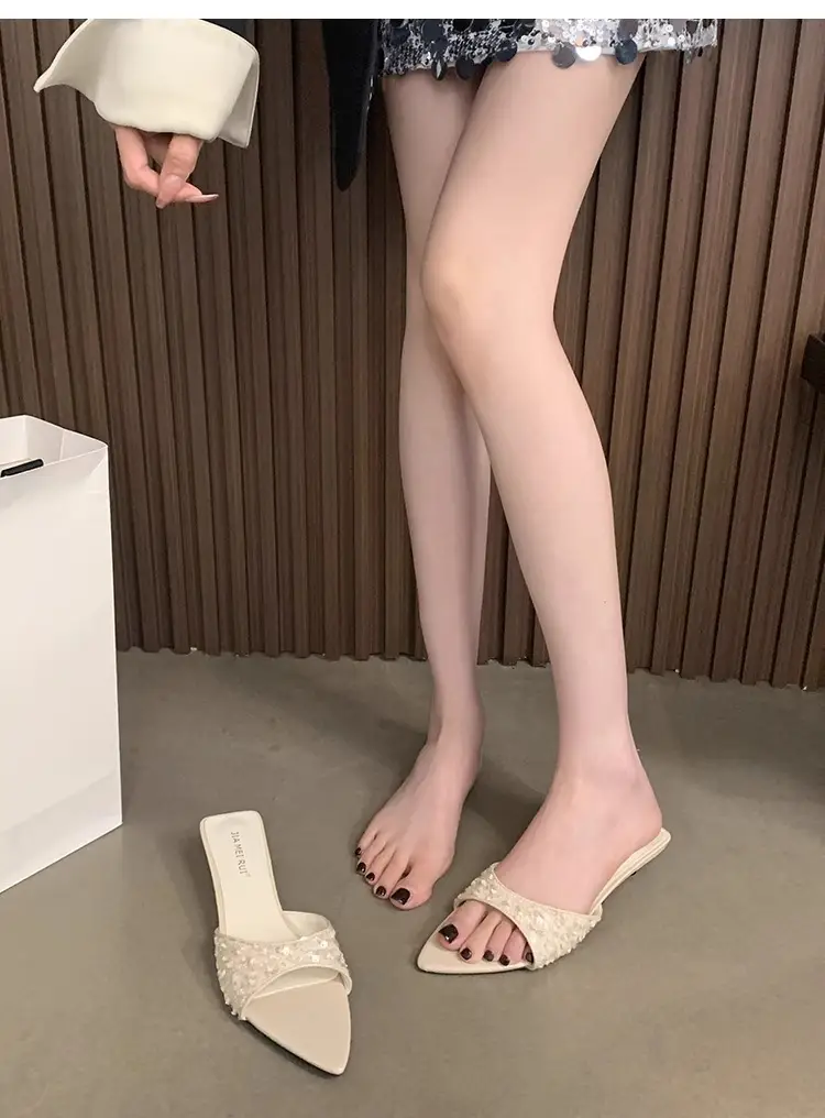 New Kitten Heel High Heels, Sequined Sandals and Slippers with Skirts, French Style Slippers for Women to Wear Outside in Summer — feature 5
