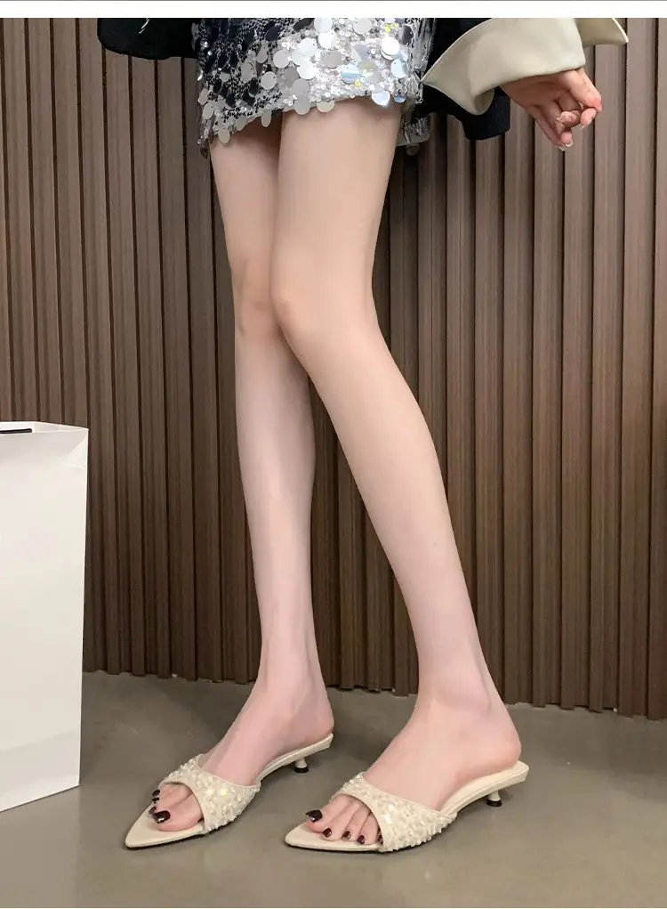 New Kitten Heel High Heels, Sequined Sandals and Slippers with Skirts, French Style Slippers for Women to Wear Outside in Summer — feature 6