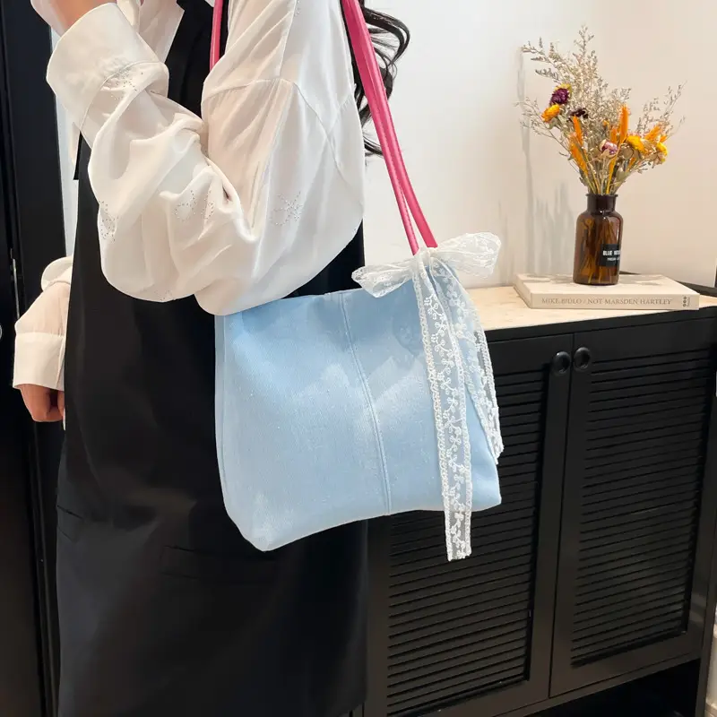 Light Blue Lace Tote Bag for Women - Image 5
