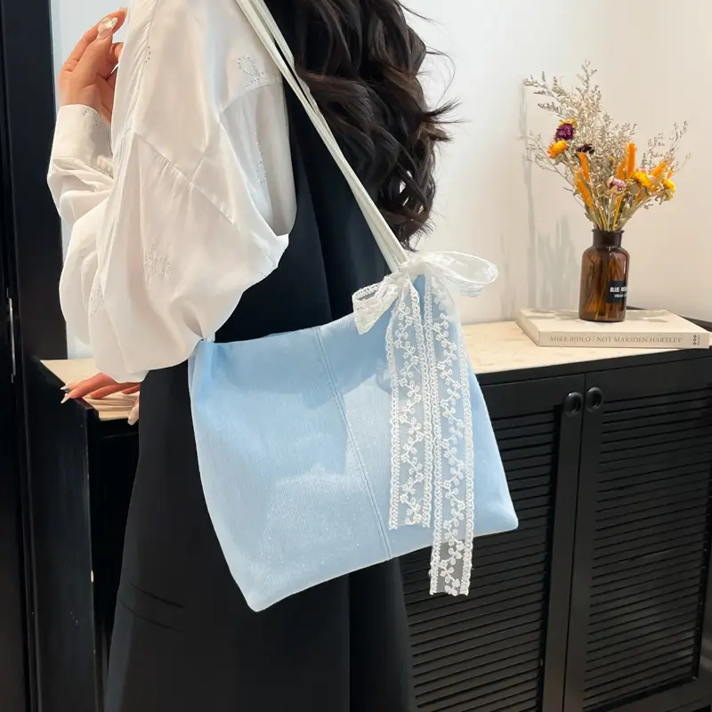 Light Blue Lace Tote Bag for Women - Image 3