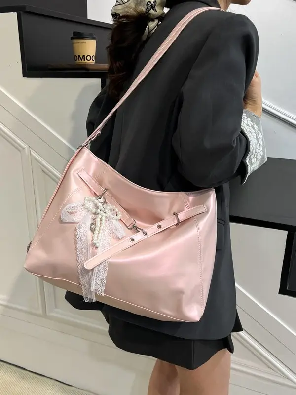 Pink Leather Shoulder Tote Bag with Pearl Lace - Image 5