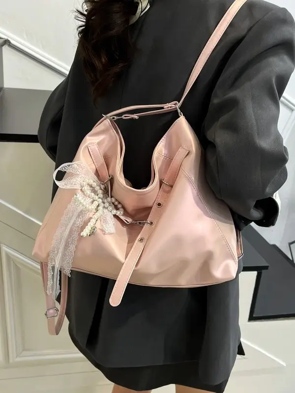 Pink Leather Shoulder Tote Bag with Pearl Lace - Image 6