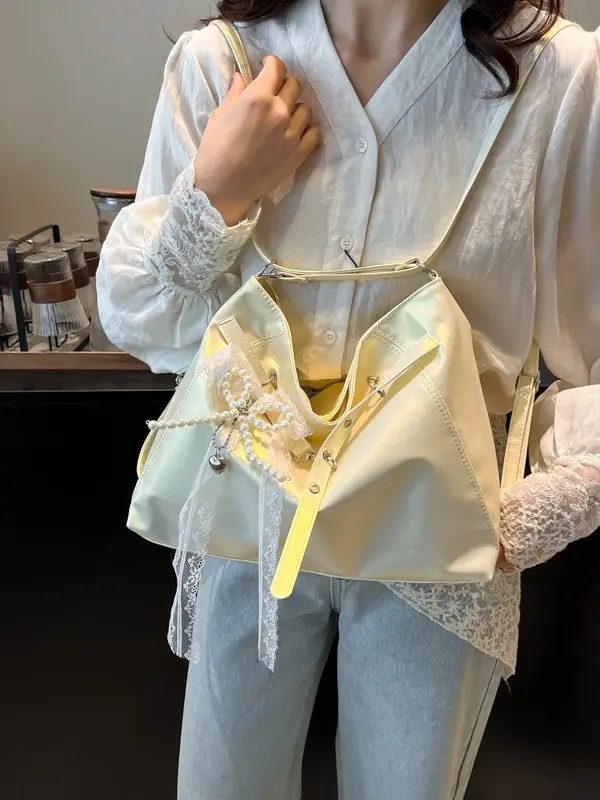 Pink Leather Shoulder Tote Bag with Pearl Lace - Image 7