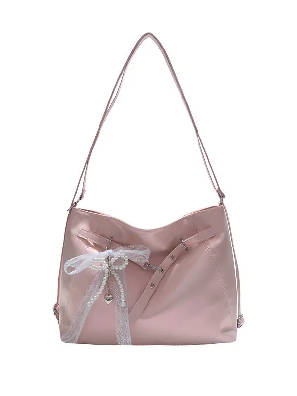 Pink Leather Shoulder Tote Bag with Pearl Lace - Image 8