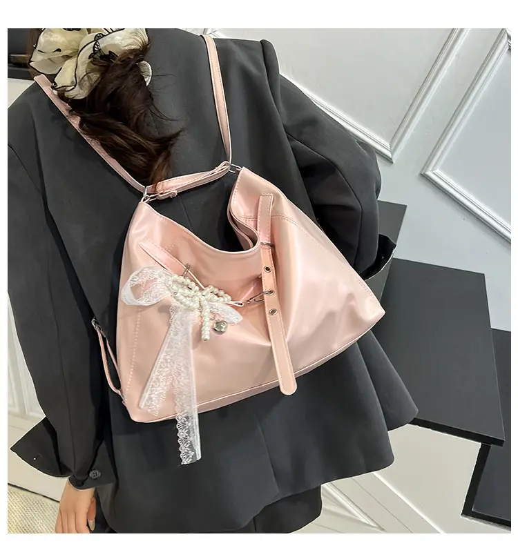 Pink Leather Shoulder Tote Bag with Pearl Lace — feature 1