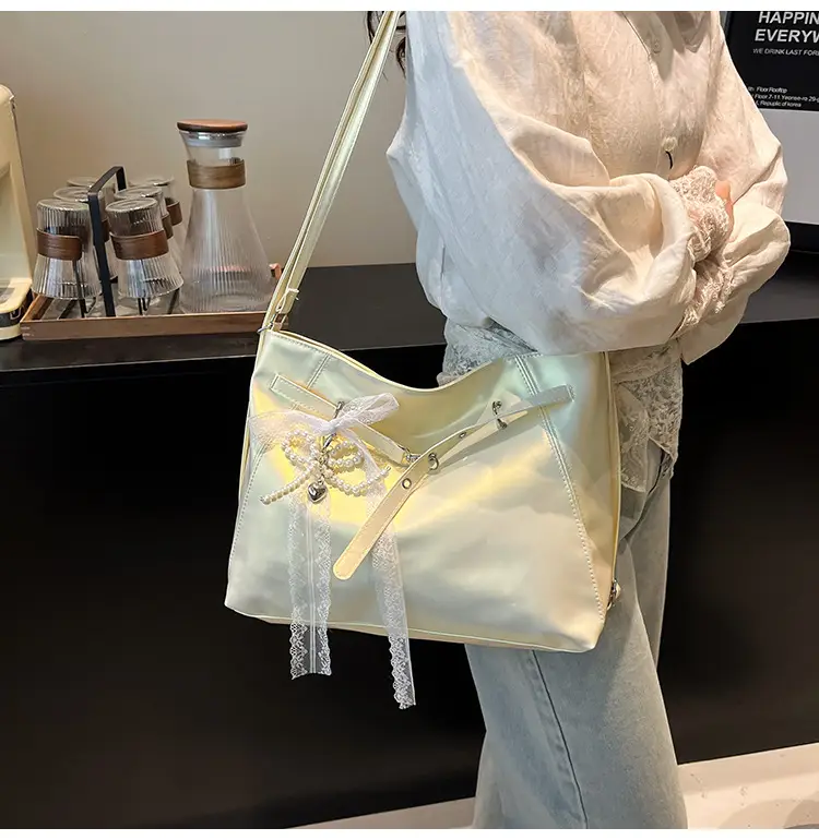 Pink Leather Shoulder Tote Bag with Pearl Lace — feature 11