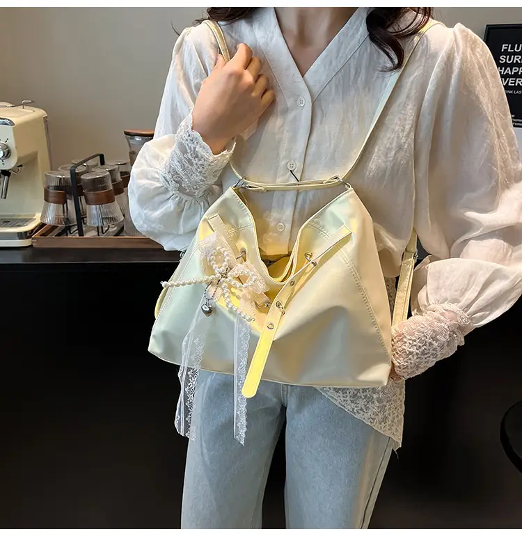 Pink Leather Shoulder Tote Bag with Pearl Lace — feature 13