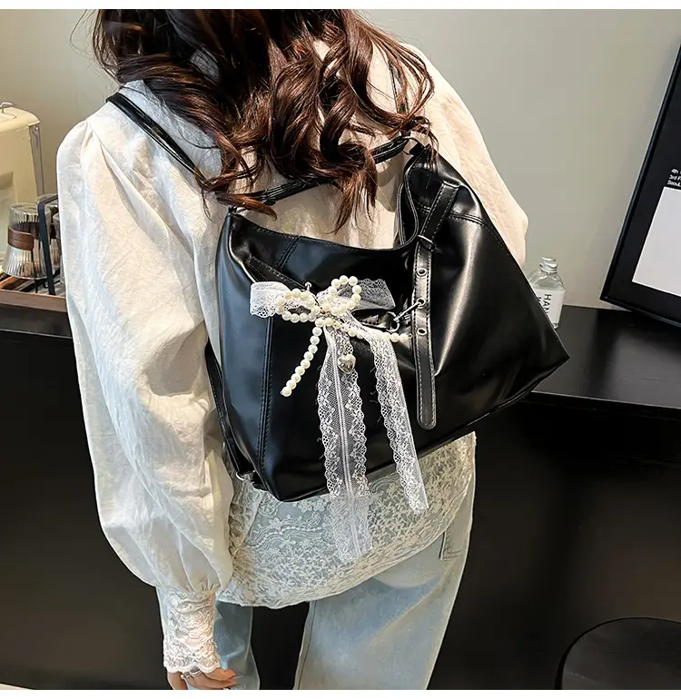 Pink Leather Shoulder Tote Bag with Pearl Lace — feature 14