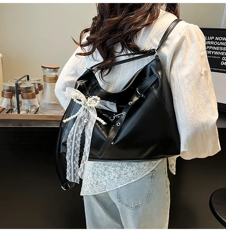 Pink Leather Shoulder Tote Bag with Pearl Lace — feature 15