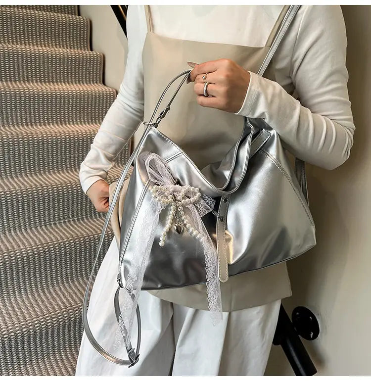 Pink Leather Shoulder Tote Bag with Pearl Lace — feature 16