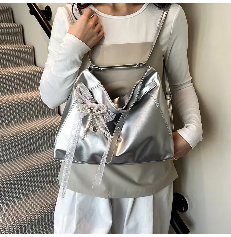 Pink Leather Shoulder Tote Bag with Pearl Lace — feature 17