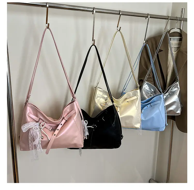 Pink Leather Shoulder Tote Bag with Pearl Lace — feature 22