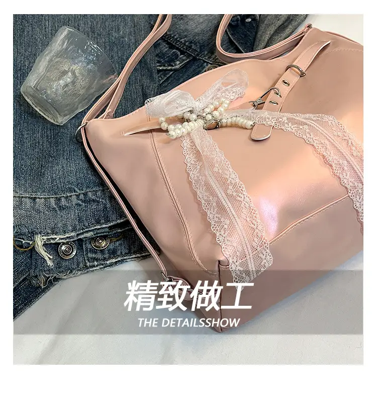 Pink Leather Shoulder Tote Bag with Pearl Lace — feature 4