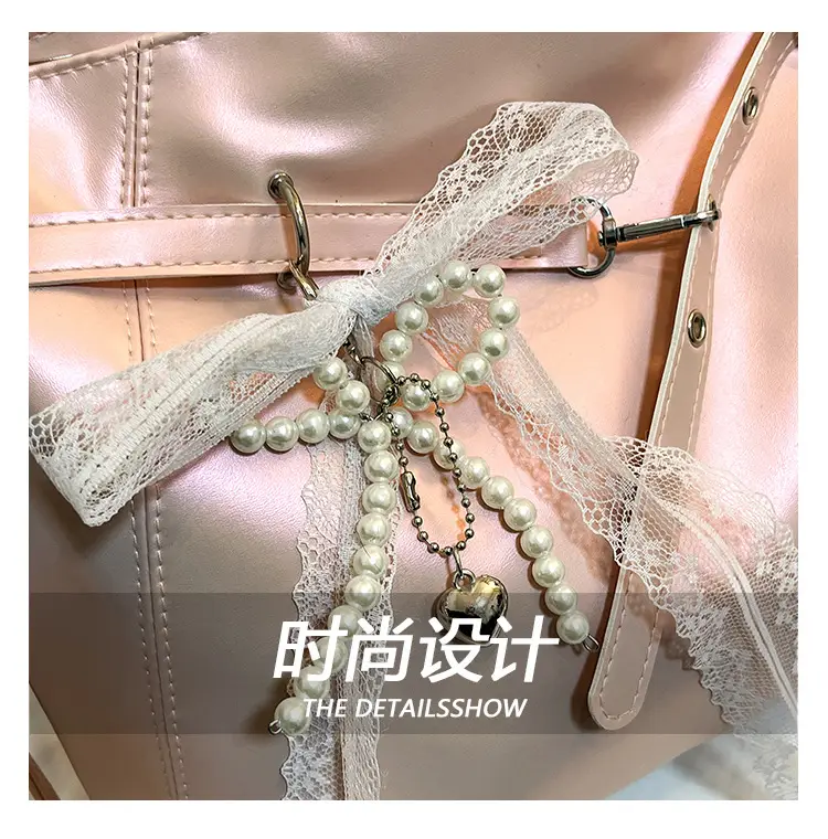 Pink Leather Shoulder Tote Bag with Pearl Lace — feature 5