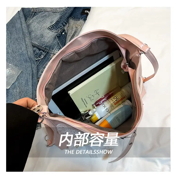 Pink Leather Shoulder Tote Bag with Pearl Lace — feature 6