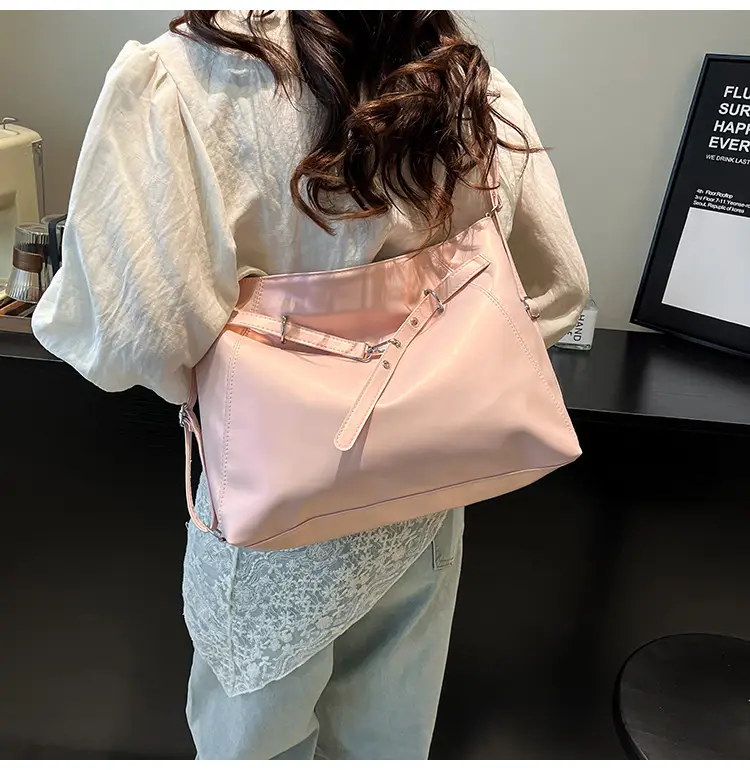 Pink Leather Shoulder Tote Bag with Pearl Lace — feature 8