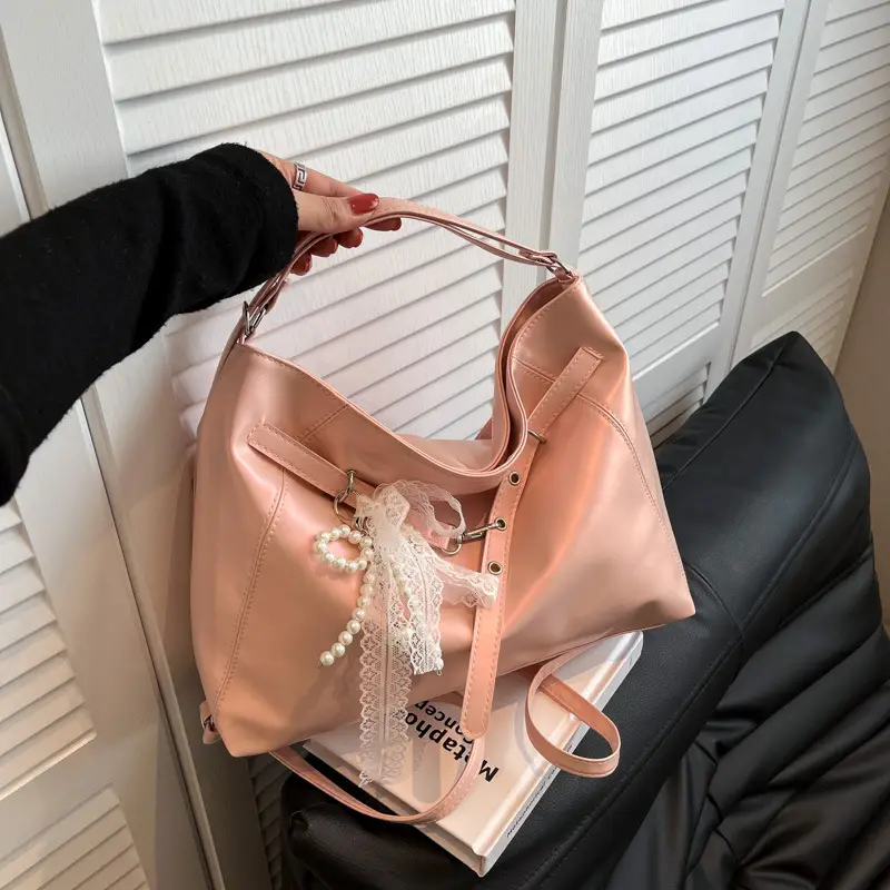 Pink Leather Shoulder Tote Bag with Pearl Lace - Image 3