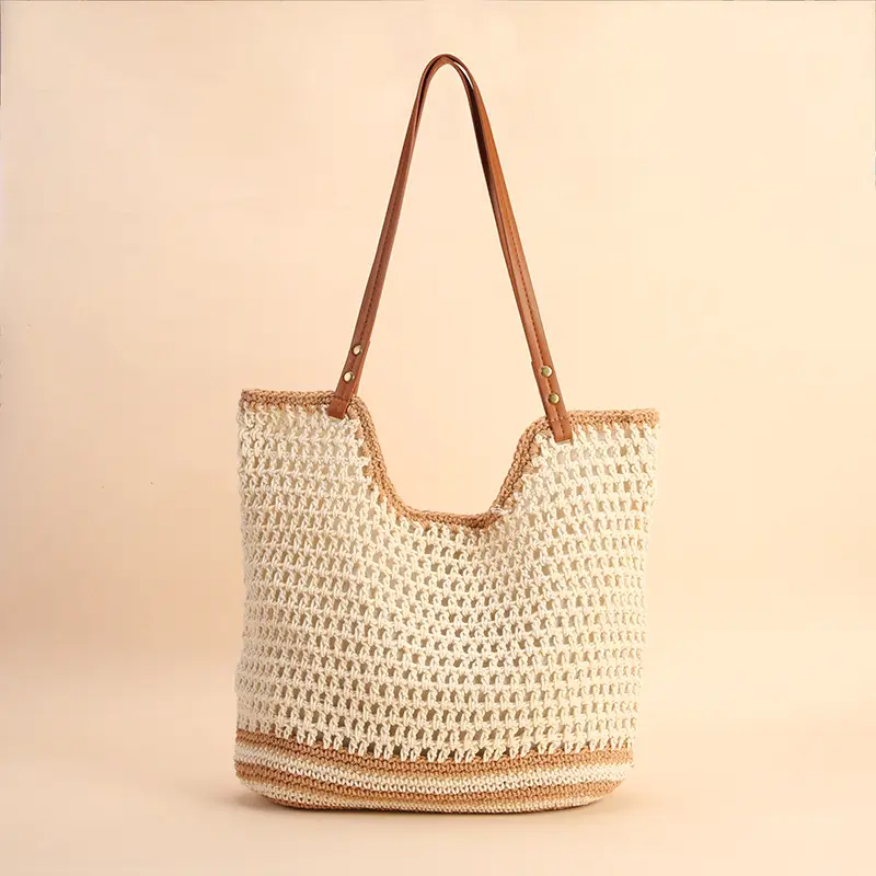 Women Handmade Woven Tote Bag Large Capacity Beige